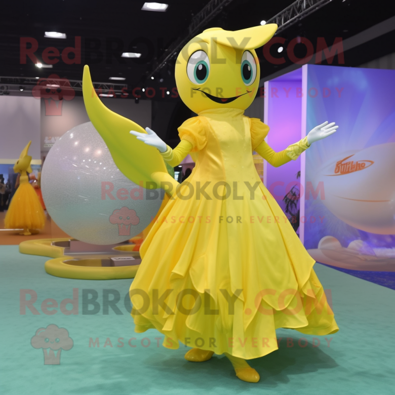 Lemon Yellow Dolphin mascot costume character dressed with a Ball Gown and Foot pads