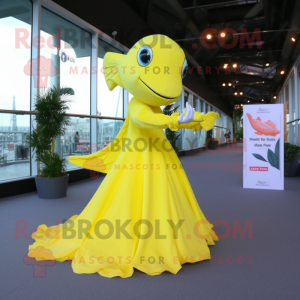 Lemon Yellow Dolphin mascot costume character dressed with a Ball Gown and Foot pads