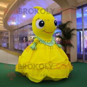 Lemon Yellow Dolphin mascot costume character dressed with a Ball Gown and Foot pads