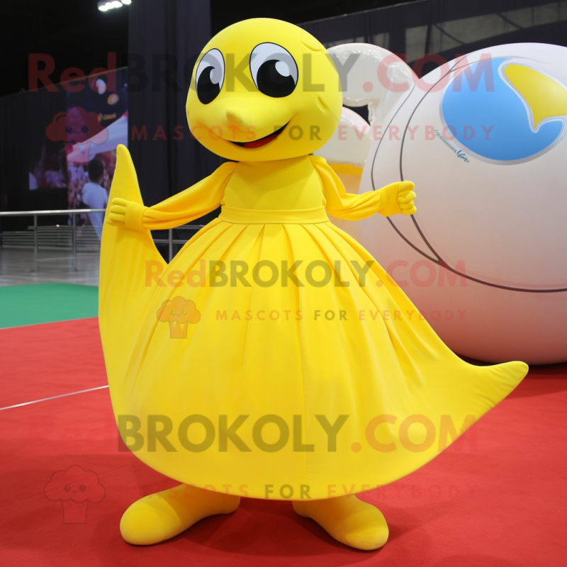 Lemon Yellow Dolphin mascot costume character dressed with a Ball Gown and Foot pads