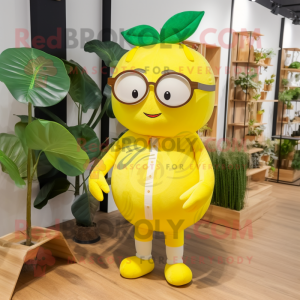 Lemon Yellow Melon mascot costume character dressed with a Playsuit and Eyeglasses