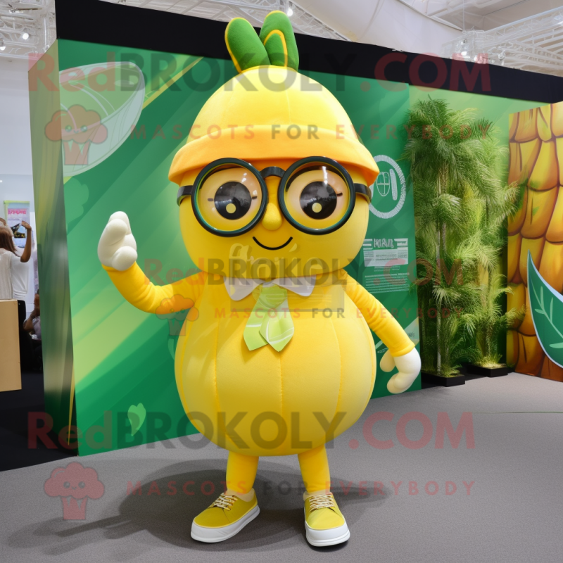 Lemon Yellow Melon mascot costume character dressed with a Playsuit and Eyeglasses