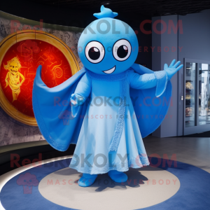 Sky Blue Demon mascot costume character dressed with a Circle Skirt and Shawls