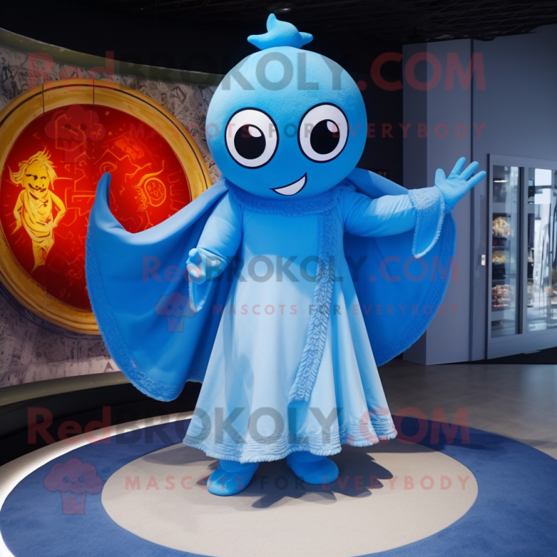 Sky Blue Demon mascot costume character dressed with a Circle Skirt and Shawls Sky Blue Demon mascot costume character dressed with a Circle Skirt and Shawls