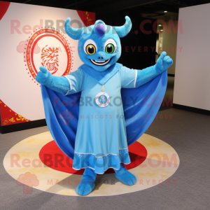 Sky Blue Demon mascot costume character dressed with a Circle Skirt and Shawls