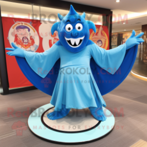 Sky Blue Demon mascot costume character dressed with a Circle Skirt and Shawls