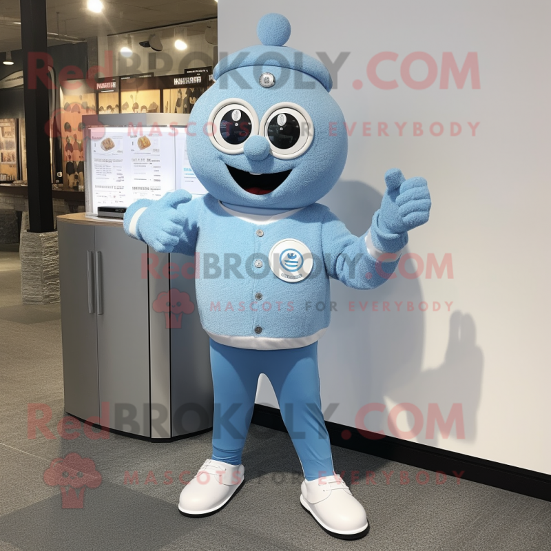Sky Blue Wrist Watch mascot costume character dressed with a Sweater and Lapel pins Sky Blue Wrist Watch mascot costume character dressed with a Sweater and Lapel pins