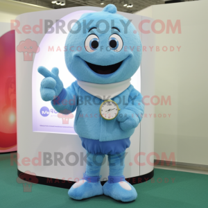 Sky Blue Wrist Watch mascot costume character dressed with a Sweater and Lapel pins