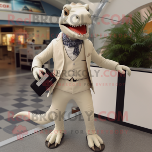 Cream Allosaurus mascot costume character dressed with a Blazer and Suspenders