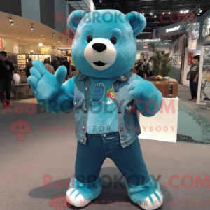 Mascote de um Urso Turquesa com macacão e xale - Urso mascote - REBROKO_375993 - RedBrokoly.com