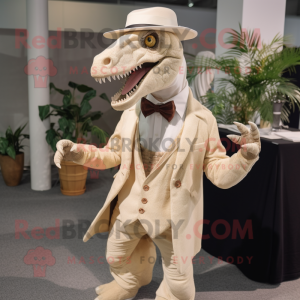 Cream Allosaurus mascot costume character dressed with a Blazer and Suspenders