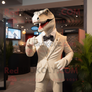 Cream Allosaurus mascot costume character dressed with a Blazer and Suspenders