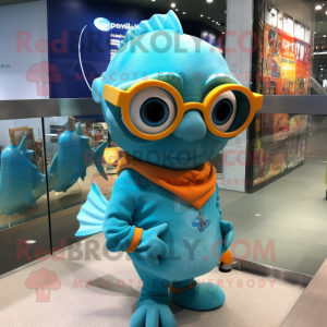 Turquoise Goldfish mascot costume character dressed with a Graphic Tee and Eyeglasses