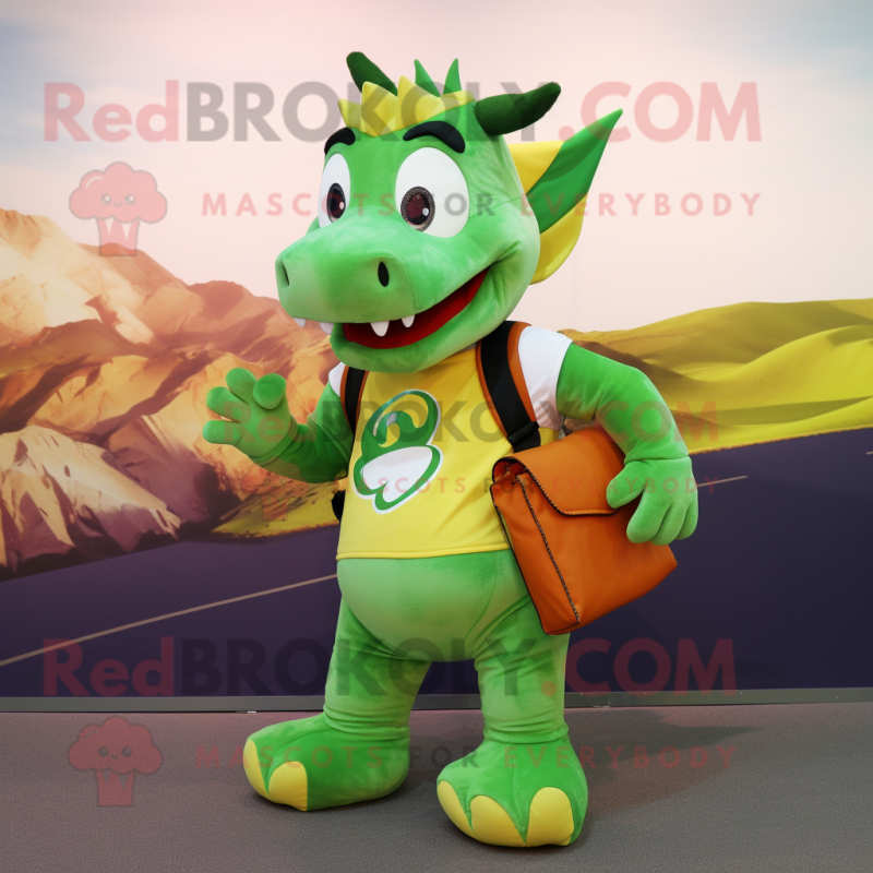 Olive Dragon mascot costume character dressed with a Playsuit and Backpacks