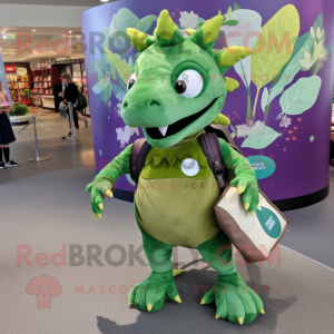Olive Dragon mascot costume character dressed with a Playsuit and Backpacks