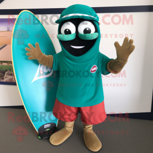 Teal Green Bean mascot costume character dressed with a Board Shorts and Beanies