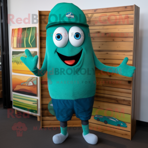 Teal Green Bean mascot costume character dressed with a Board Shorts and Beanies