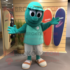 Teal Green Bean mascot costume character dressed with a Board Shorts and Beanies