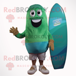 Teal Green Bean mascot costume character dressed with a Board Shorts and Beanies