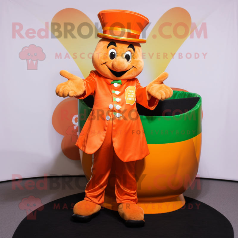 Orange Pot Of Gold mascot costume character dressed with a Coat and Gloves Orange Pot Of Gold mascot costume character dressed with a Coat and Gloves