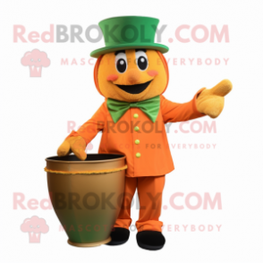Orange Pot Of Gold mascot costume character dressed with a Coat and Gloves