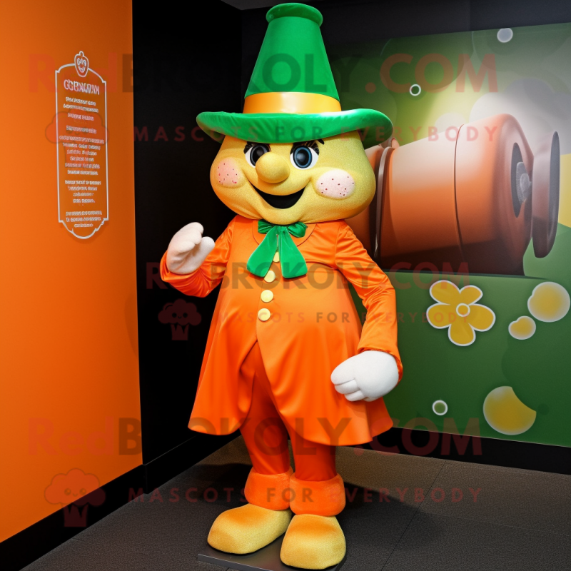 Orange Pot Of Gold mascot costume character dressed with a Coat and Gloves Orange Pot Of Gold mascot costume character dressed with a Coat and Gloves