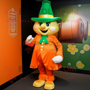 Orange Pot Of Gold mascot costume character dressed with a Coat and Gloves
