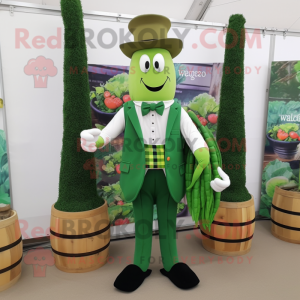 Forest Green Asparagus mascot costume character dressed with a Waistcoat and Belts