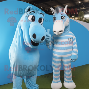 Sky Blue Quagga mascot costume character dressed with a Jumpsuit and Ties