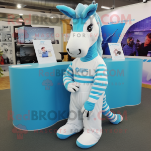 Sky Blue Quagga mascot costume character dressed with a Jumpsuit and Ties