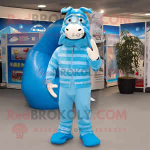 Sky Blue Quagga mascot costume character dressed with a Jumpsuit and Ties