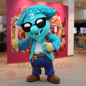 Cyan Pirate mascot costume character dressed with a Windbreaker and Ties