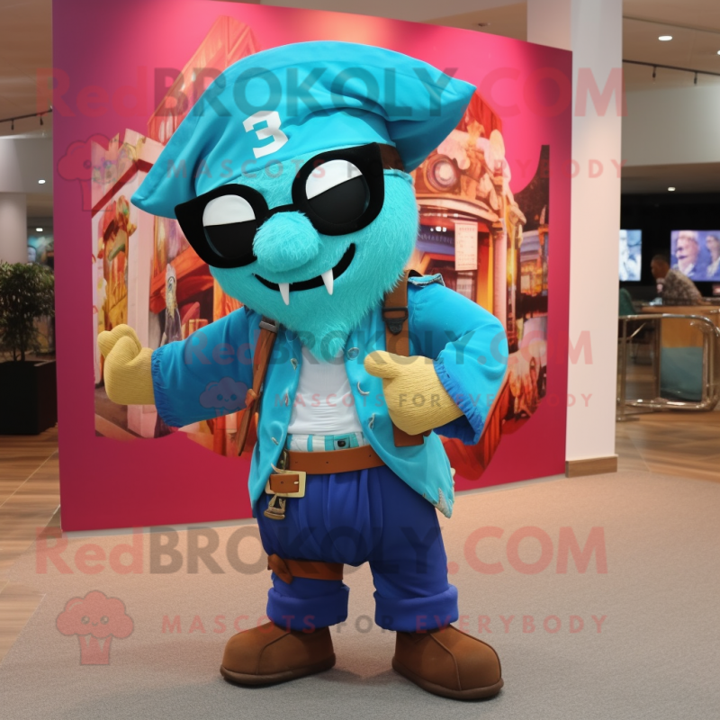 Cyan Pirate mascot costume character dressed with a Windbreaker and Ties Cyan Pirate mascot costume character dressed with a Windbreaker and Ties