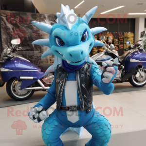 Sky Blue Dragon mascot costume character dressed with a Moto Jacket and Necklaces