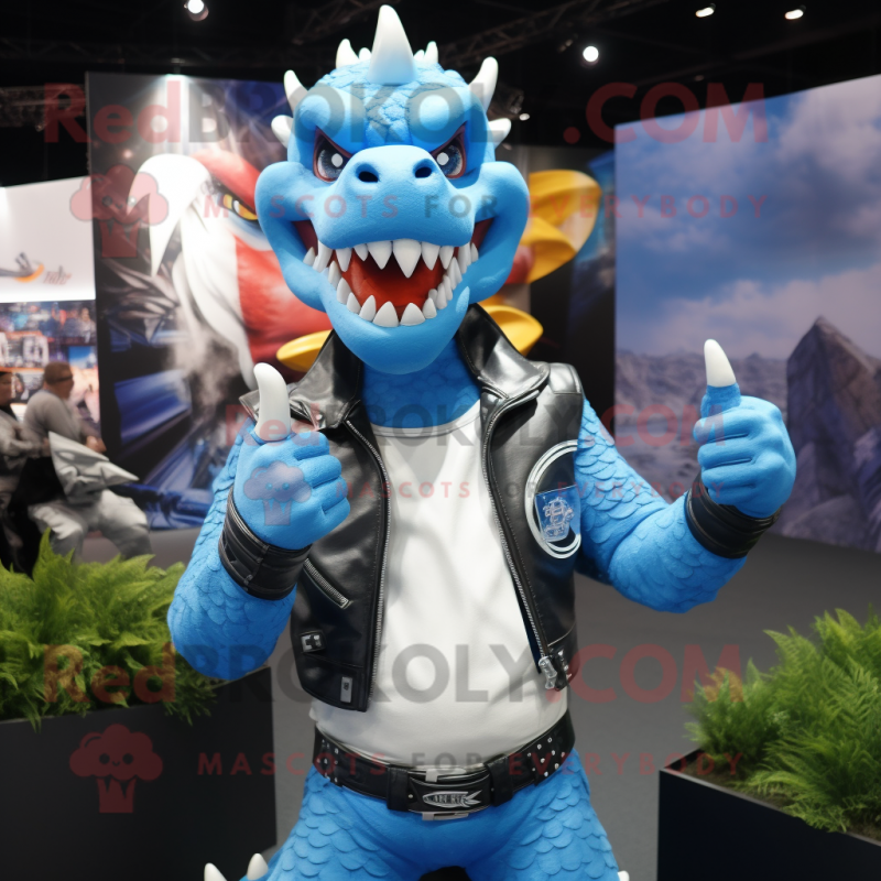 Sky Blue Dragon mascot costume character dressed with a Moto Jacket and Necklaces