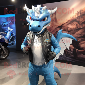 Sky Blue Dragon mascot costume character dressed with a Moto Jacket and Necklaces