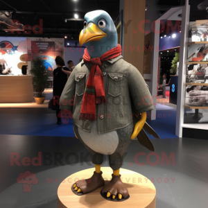 Olive Pigeon mascot costume character dressed with a Bootcut Jeans and Shawl pins