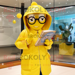 Lemon Yellow Miso Soup mascot costume character dressed with a Raincoat and Reading glasses