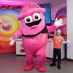 Maskotkarakter av en rosa...