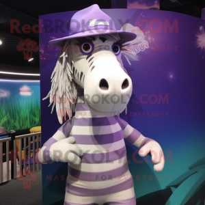Lavender Quagga mascot costume character dressed with a Swimwear and Hat pins
