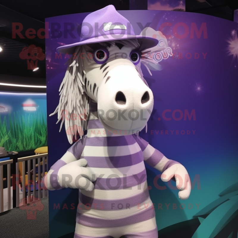 Lavender Quagga mascot costume character dressed with a Swimwear and Hat pins Lavender Quagga mascot costume character dressed with a Swimwear and Hat pins