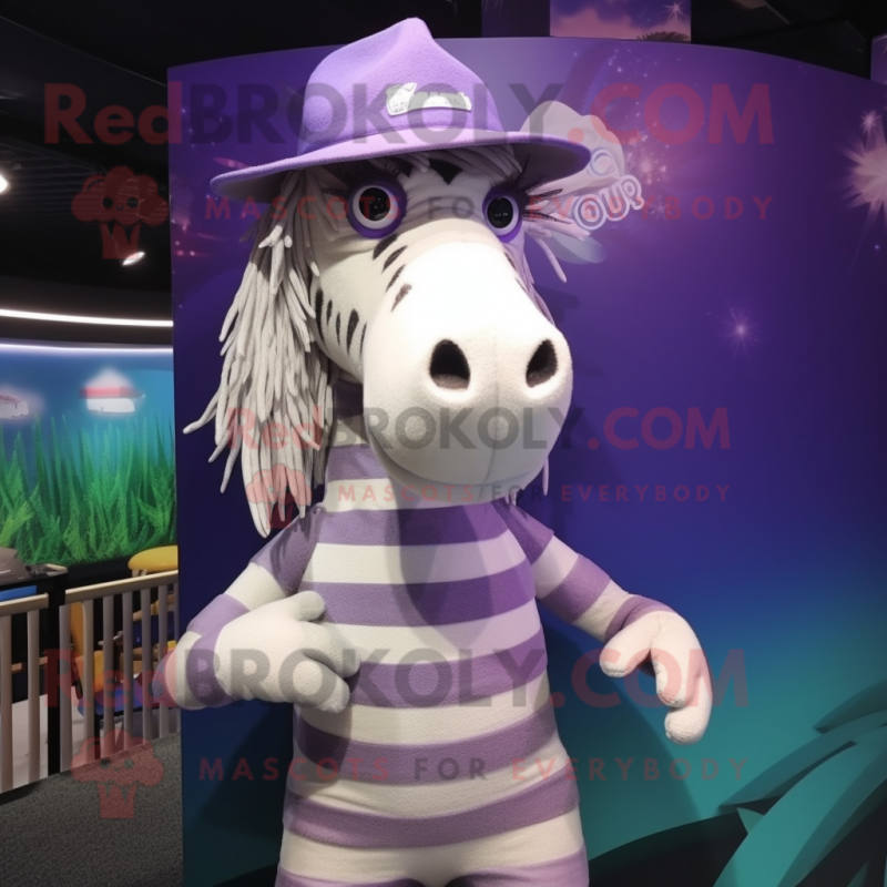 Lavender Quagga mascot costume character dressed with a Swimwear and Hat pins