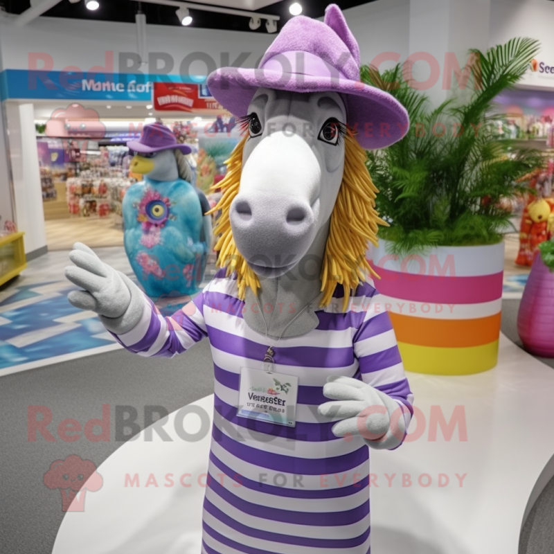 Lavender Quagga mascot costume character dressed with a Swimwear and Hat pins Lavender Quagga mascot costume character dressed with a Swimwear and Hat pins