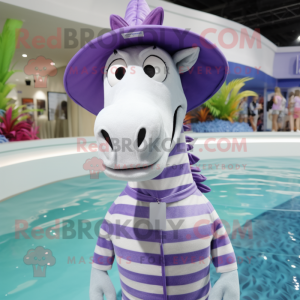 Lavender Quagga mascot costume character dressed with a Swimwear and Hat pins