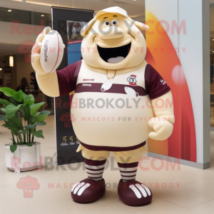 Cream Plum mascot costume character dressed with a Rugby Shirt and Shoe clips