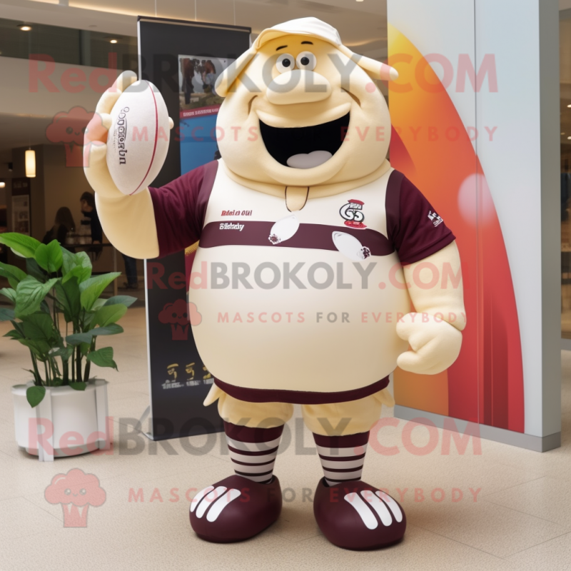 Cream Plum mascot costume character dressed with a Rugby Shirt and Shoe clips Cream Plum mascot costume character dressed with a Rugby Shirt and Shoe clips