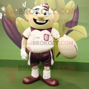 Cream Plum mascot costume character dressed with a Rugby Shirt and Shoe clips