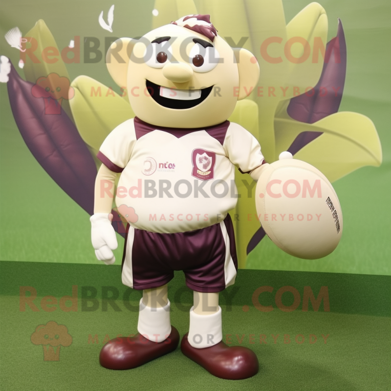 Cream Plum mascot costume character dressed with a Rugby Shirt and Shoe clips Cream Plum mascot costume character dressed with a Rugby Shirt and Shoe clips