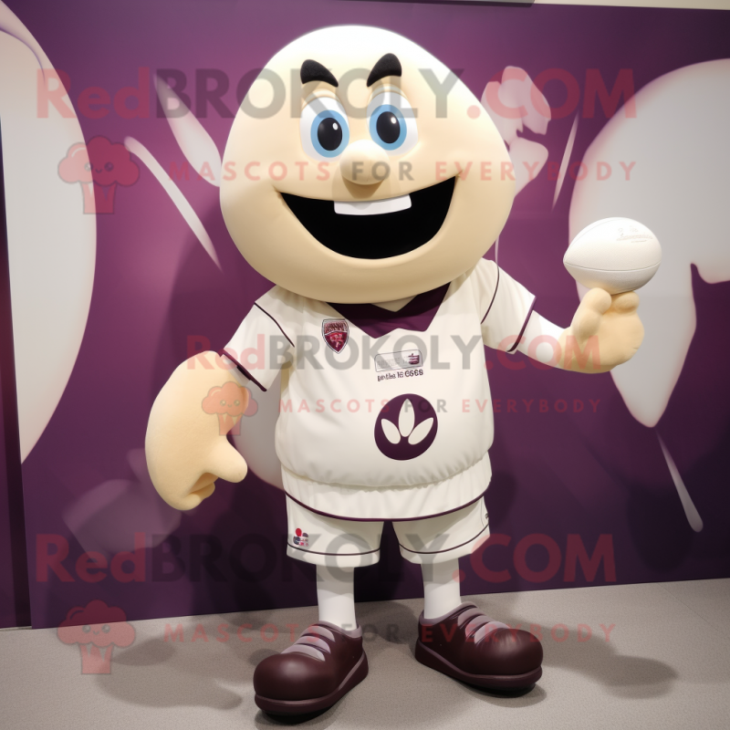Cream Plum mascot costume character dressed with a Rugby Shirt and Shoe clips Cream Plum mascot costume character dressed with a Rugby Shirt and Shoe clips