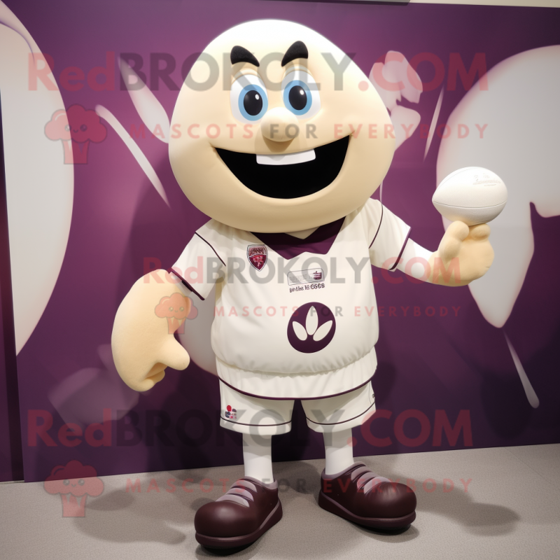 Cream Plum mascot costume character dressed with a Rugby Shirt and Shoe clips